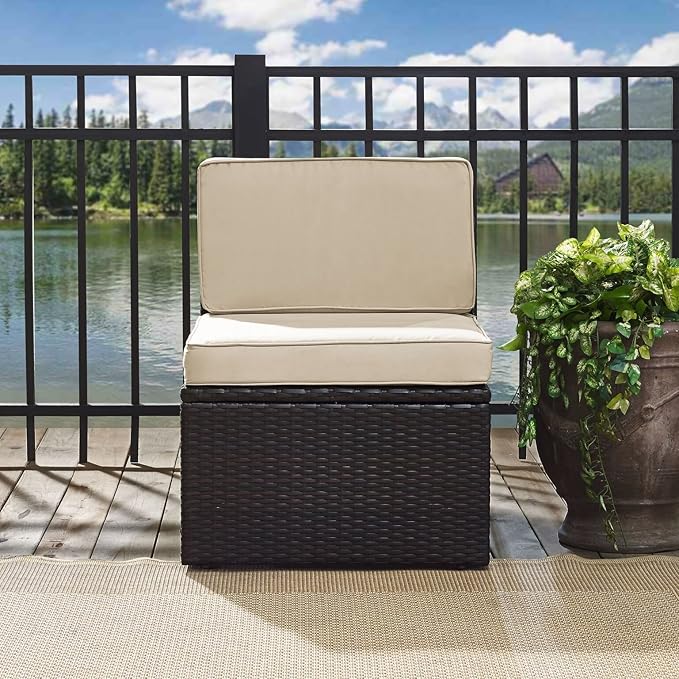 Crosley Furniture Palm Harbor Armless Outdoor Sectional Chair, Wicker Patio Chairs for Porch, Deck, Backyard, Brown with Sand Cushions