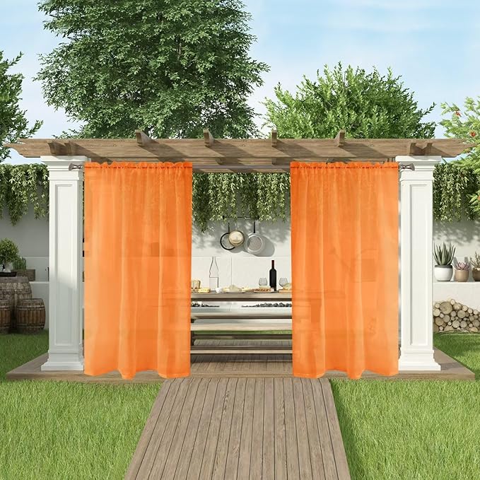 SpaceDresser Waterproof Outdoor Sheer Curtains for Patio - 4 Panels Rod Pocket Indoor Voile Sheer Curtain for Living Room,52W x 108L inch, Orange