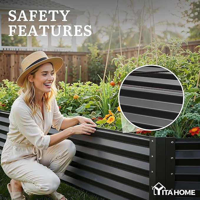 YITAHOME 8x4x1.5ft 2pcs Large Raised Garden Bed Kit, Galvanized Metal Planter Box with Gloves, Ground Nails & Safety Rubber, Outdoor Above Ground Planters for Plants Vegetables Flowers, Black