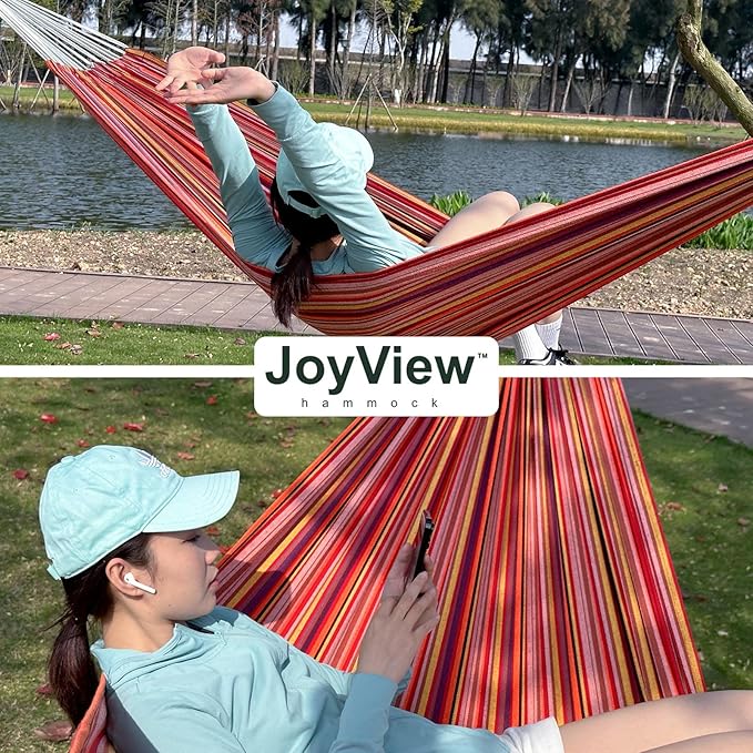 JoyView Brazilian Double Hammock with Hanging Ropes Extra Large 86.6x59” Portable Cotton Hammock for Patio Backyard Porch 450LBS Weight Capacity Perfect for Outdoor/Indoor - Blue & White Stripes