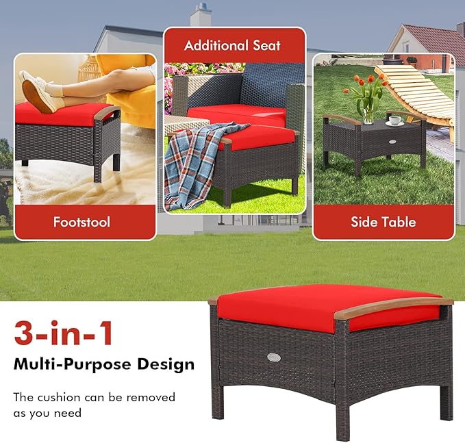 Tangkula 2 Piece Patio Rattan Ottomans, Outdoor Wicker Footstool w/Acacia Wood Handles, Soft Zippered Cushions, 3-in-1 Function Footstool Seat & Side Table for Backyard, Balcony, Poolside (Red)
