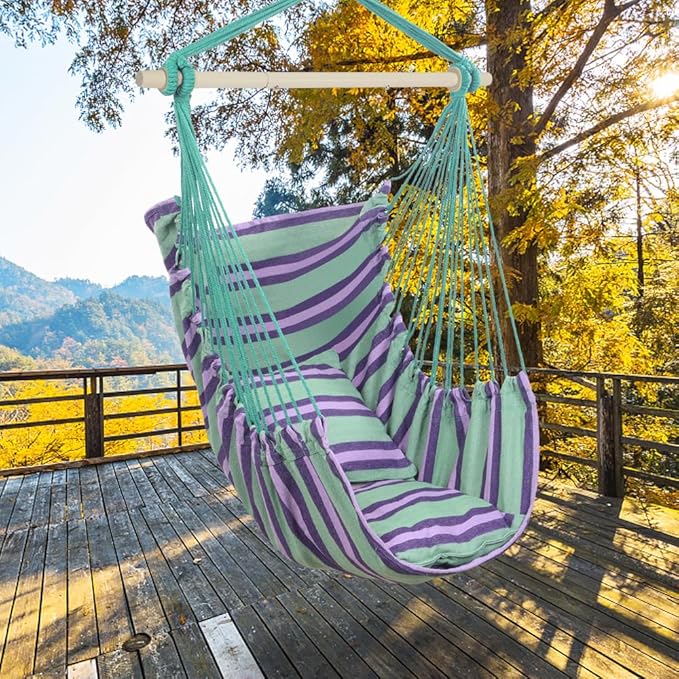 ONCLOUD Hammock Chair Hanging Rope Swing, Load Capacity 550 LBS Macrame Hammock Swing Seat with Two Cushions, Hammock Seat with Portable Steel Spreader Bar for Indoor/Outdoor, Purple Green Stripe
