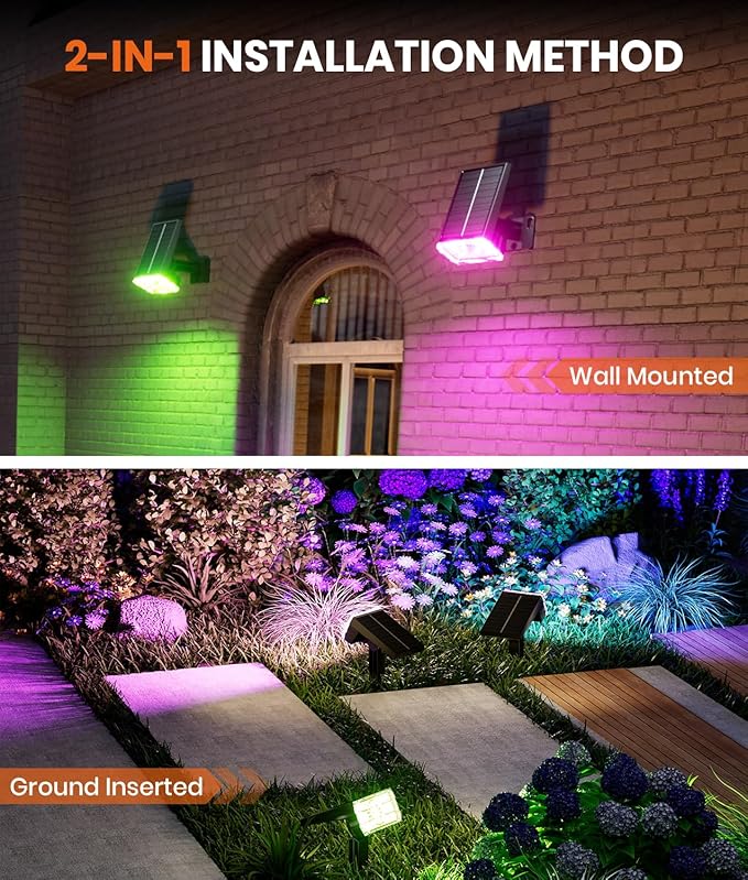 1 Pack Solar Outdoor Lights Waterproof IP67,Spotlights 6 Colors Changing+10 Lighting Modes Christmas Easter Solar Garden Lights Colored Landscape Spot Lights Outdoor Lighting for Yard Pool Patio