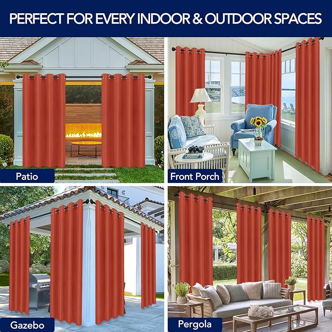 PureFit Outdoor Curtains for Patio Waterproof Weatherproof, UV Resistant Outside Curtains for Gazebo, Front Porch, Pergola, Sun Blocking Privacy Curtain, 52W x 120L inch, 1 Panel, Red Clay