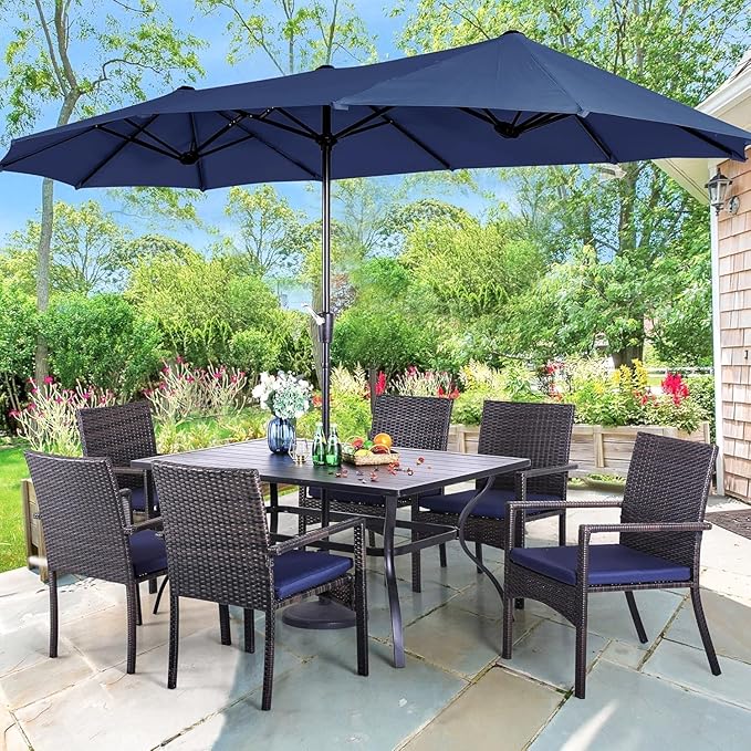 PHI VILLA 7 Piece Patio Dining Set for 6, Outdoor Slatted Metal Dining Table with Umbrella Hole & Cushioned Wicker Chairs for Patio, Deck, Yard, Porch