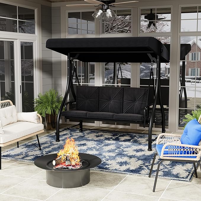 U-MAX Porch Swing Chair with Adjustable Backrest&Canopy, 3 Seat Patio Swing with Canopy 2-in-1 Convertible Outdoor Swing with Canopy Patio Daybed with Removable Black Cushions for Adults