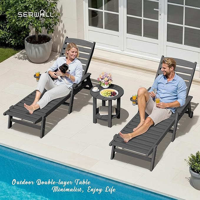 SERWALL Round Outdoor Side Table Set of 2, HDPE Small Adirondack Double End Table, Gray