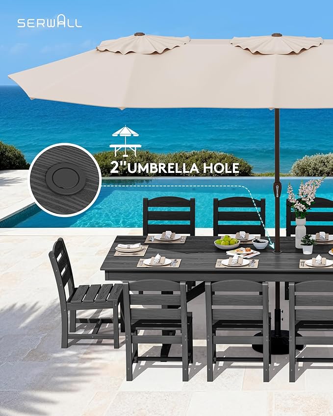 SERWALL Outdoor Dining Table, 84" Rectangular Dining Table for 6-10 Person, All Weather HDPE Outdoor Furniture for Backyard, Garden, Black