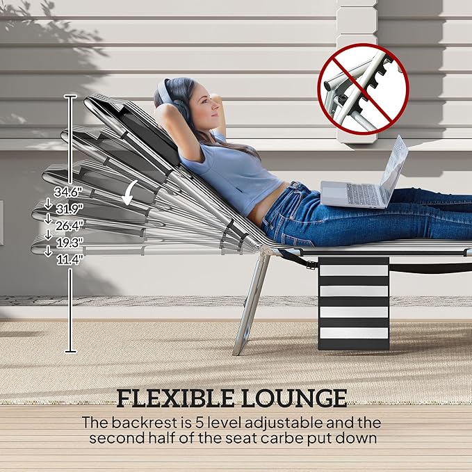 Outsunny Chaise Lounge Chair Outdoor with Face Arm Hole, 5-Position Reclining Face Down Tanning Chair with Carry Strap, Side Pocket, Portable Folding Bed Cot for Patio Beach Pool, Black Stripe