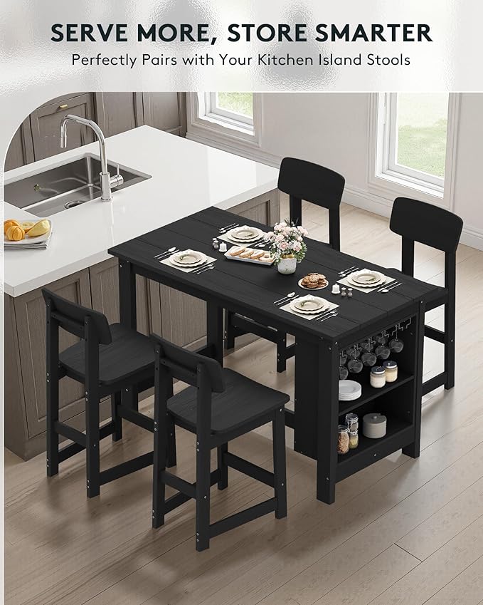 SERWALL 10-Piece HDPE Counter Height Dining Table Sets with Storage and Wine Rack, 2 Rectangular Bar Table with Bar Stools Set of 8 for Garden, Backyard, Kitchen, Black