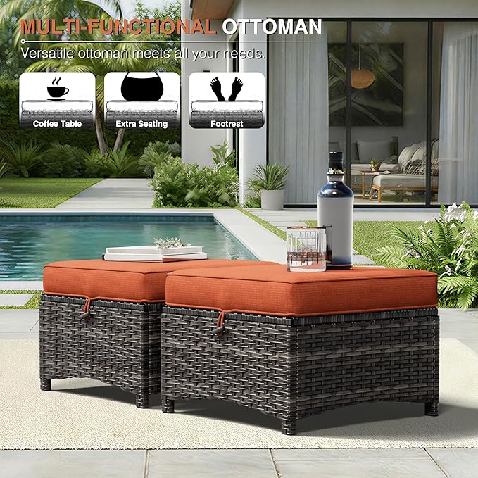 Joyside Outdoor Ottoman Set of 2, Patio Large Ottoman Foot Rest with Thickened Cushions, Outdoor Wicker Foot Stool for Porch, Deck Use