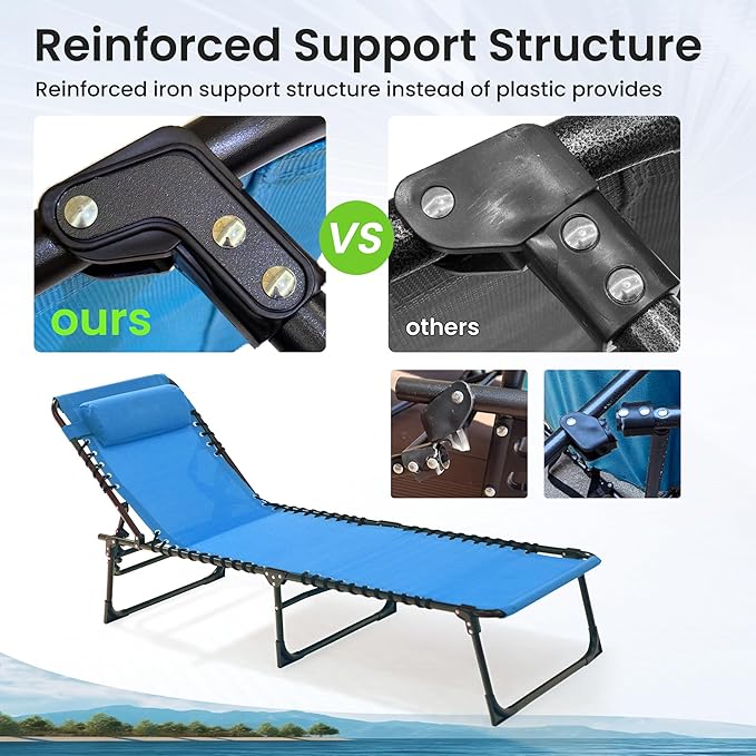 Folding Chaise Lounge Chair - 400lb Capacity, 5-Position Adjustable Recliner with Pillow | Portable for Patio, Pool, Camping & Sunbathing (Blue)