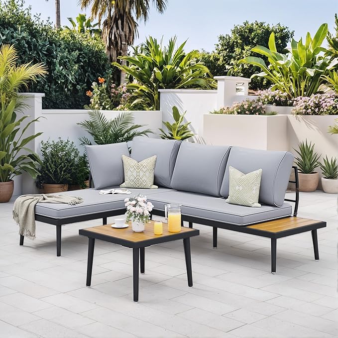Greesum Outdoor Sectional Sofa Set L-Shaped Metal Patio Furniture with All-Weather Cushions and Built-in Side Coffee Table for Garden, Lawn, Backyard, Poolside, Gray