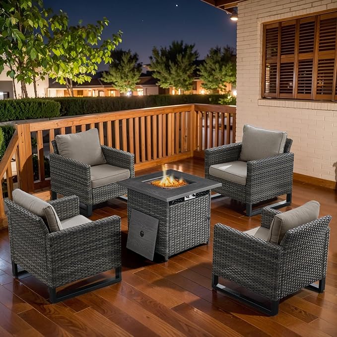 Belord 5 Pieces Wicker Patio Furniture Set: 4 Outdoor Club Chairs Patio Conversation Set with 50000BTU Propane Fire Pit Table, All Weather Grey Rattan Anti-Rust Frame, Brown Cushion