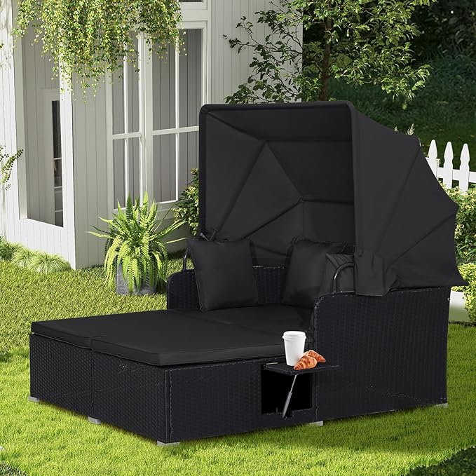 RELAX4LIFE Patio Outdoor Daybed with Canopy, Wicker Sunbed w/Cushions, 4 Pillows & 2 Retractable Side Trays, 2-Person Lounge Bed Conversation for Poolside Porch Garden, Rattan Outdoor Bed (Black)