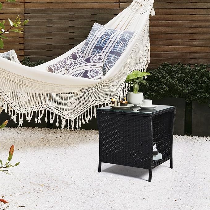 VINGLI Outdoor Wicker Side Table Patio Side Tables for Outside, Tempered Glass Top Wicker Table with Storage End Table for Balcony Porch Deck (Black)