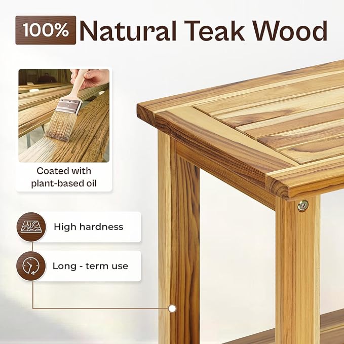 Adirondack Side Table – Weather-Resistant Rectangular End Table for Patio, Garden, Lawn, or Living Room | Indoor & Outdoor Wood Side Table, Rustic Style (NATURAL TEAK WOOD)