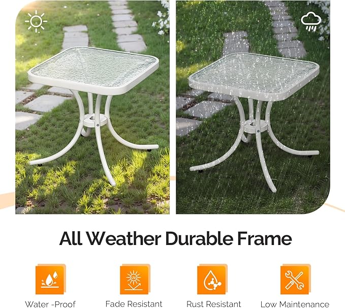 VINGLI Outdoor Side Table, 18in Patio Table Steel Frame Tempered Glass Top, Weatherproof Small Tables for Balcony Garden Poolside (White, Square)