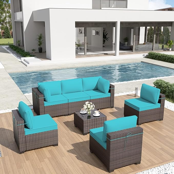 ALAULM Patio Furniture Set with Coffee Table, 7 Pieces Outdoor Sectional with Wide Seat and Thick Cushion, All Weather Wicker Rattan Conversation Set for Backyard, Garden, Deck, Turquoise