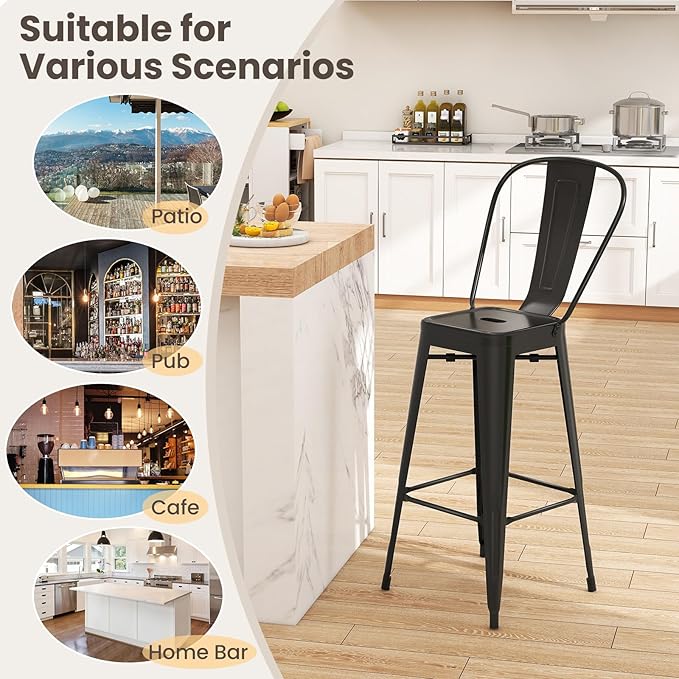 COSTWAY 30'' Metal Bar stools Set of 4, with Removable Back,Bar Height Stools with Rubber Feet, Stylish and Modern Chairs, for Kitchen, Dining Rooms, and Side Bar (Black-Update, 30'')