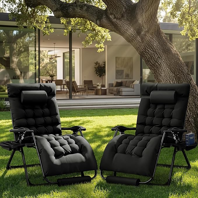 Homall Oversized Zero Gravity Chair, Set of 2 Recliner Lounge Chair with Removable Soft Cushion and Cup Holder, Adjustable Anti Gravity Chair Folding Patio Chairs Padded for Indoor and Outdoor (Black)