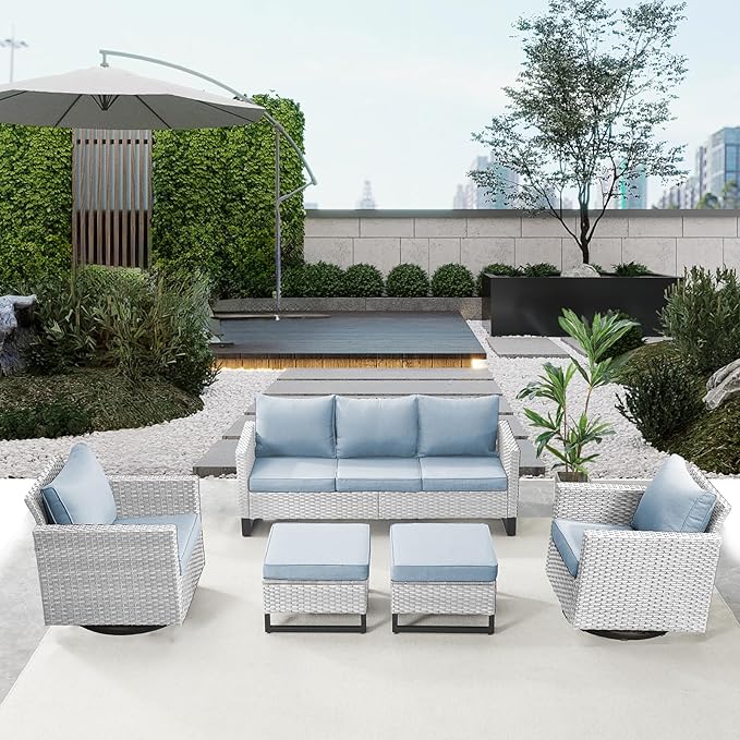 Belord Wicker Patio Furniture 5 Piece Outdoor Sofa Set, Oversize Outdoor Swivel Rocker Chairs with Rattan Ottomans, Conversation Sets Patio Furniture Come with Removable Cushion Baby Blue, Light Grey
