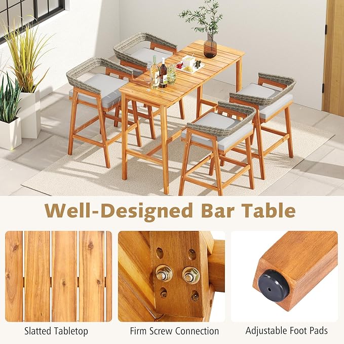 Tangkula Patio Bar Table, 54” x 22” Acacia Wood Counter Height Table with Slatted Tabletop & Footrest Crossbar, Rectangle High Top Table for Backyard, Poolside, Balcony
