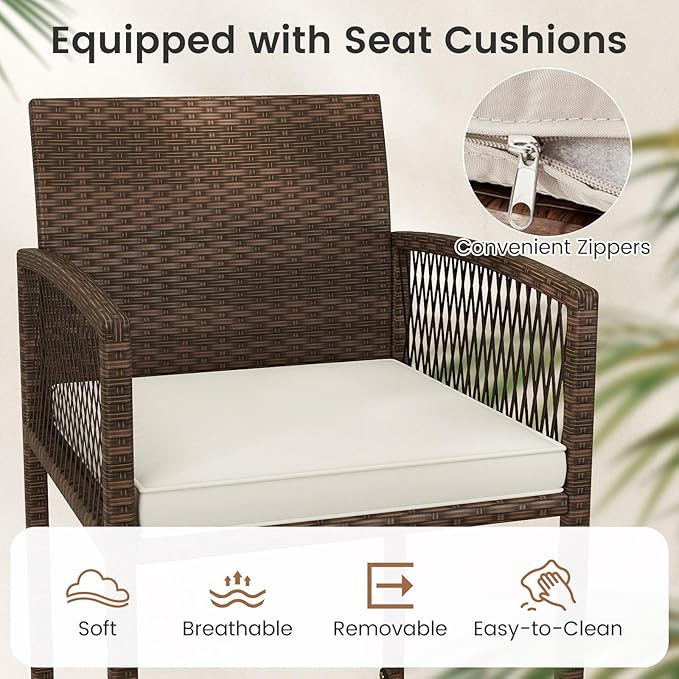Tangkula Patio Bar Stools Set of 2, PE Rattan Bar Height Chairs with Backrests, Armrests, Footrests & Soft Cushions, Outdoor High Top Barstools with Metal Frames for Backyard (2 Pack)