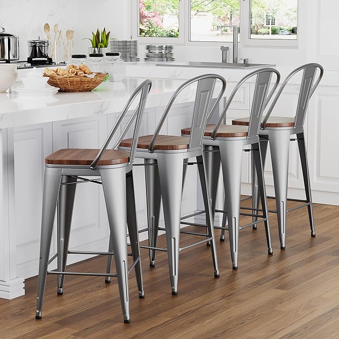 Yongqiang 24 inch Bar Stools Set of 4 Metal Kitchen Counter Height Bar Chairs Barstools with Large Wooden Seat, High Back Silver