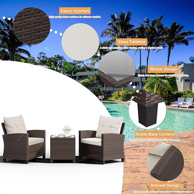 Shintenchi 3 Pieces Patio Furniture Set 3 Pieces PE Rattan Wicker Chairs with Table Outdoor Furniture for Backyard/Garden/Poolside/Outdoor Restaurant Brown Rattan with White Cushion