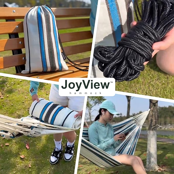 JoyView Brazilian Double Hammock with Hanging Ropes Extra Large 86.6x59” Portable Cotton Hammock for Patio Backyard Porch 450LBS Weight Capacity Perfect for Outdoor/Indoor - Red Stripes
