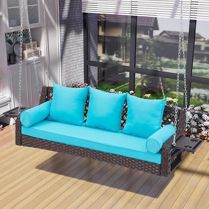 3 Seat Porch Swing, Wicker Patio Swing with Cup Holders & 3 Back Cushions, Yard Swing with Chains for Deck Garden Backyard,Brown Seagrass Rattan, Lake Blue Cushion, 56-inch