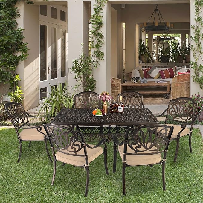 VINGLI 7 Pieces Outdoor Dining Set, Cast Aluminium All-Weather Patio Dining Set for 6 with Umbrella Hole, Outdoor Dining Table and Chairs with Cushion for Yard, Garden, Porch and Poolside, Bronze
