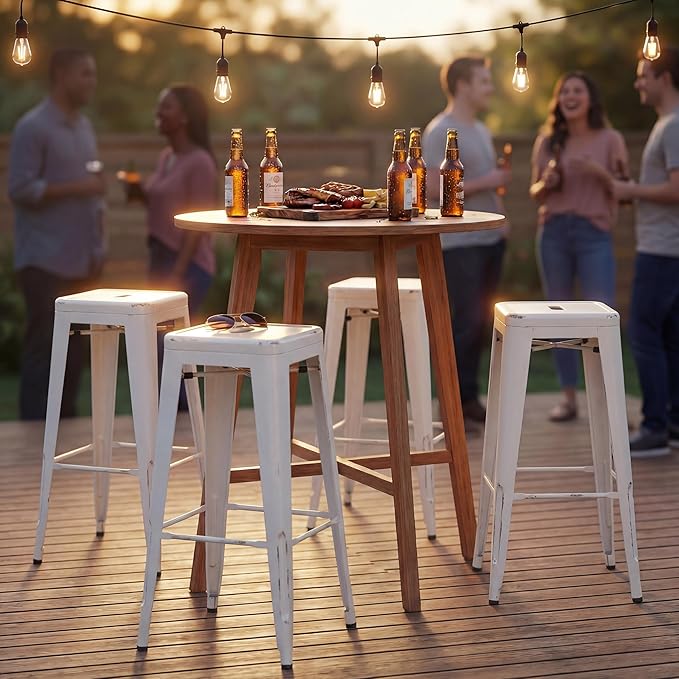 Shahoo 30 Inches Metal Bar Stools Counter Height Stackable Backless Stools, Industrial Patio Stools Indoor Outdoor Metal Kitchen Stools Set of 4 (Distressed White, 30'')
