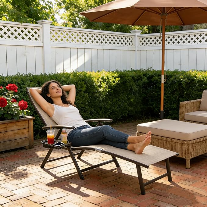Kozyard Aluminum Outdoor Chaise Lounge Chair, Adjustable Reclining Patio Lounge with Drink Holder, Weather-Resistant Pool, Deck & Yard Recliner, Assemble-Free (1Pack, Beige)