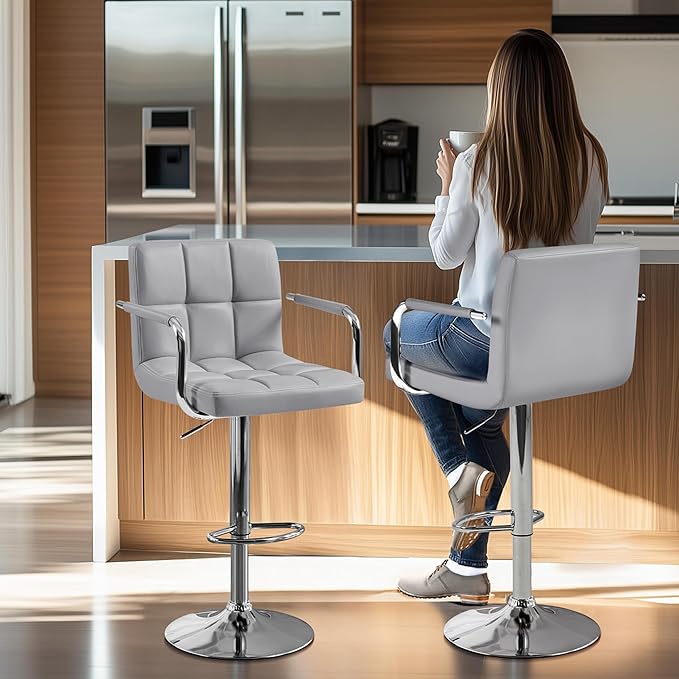 Yaheetech Bar Stools, PU Leather Adjustable Swivel Barstools, Hydraulic Kitchen Counter Height Bar Chairs with Armrest and Back for Kitchen, Dining Room, Light Grey