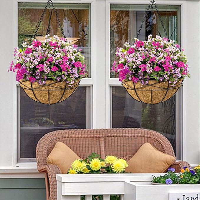 4 Pack 16 Inch Hanging Planters for Outdoor Plants Metal Wire Flower Baskets with Coco Liner & Plastic Saucer Large Deep Hanging Plant Pots for Porch Balcony Garden Décor