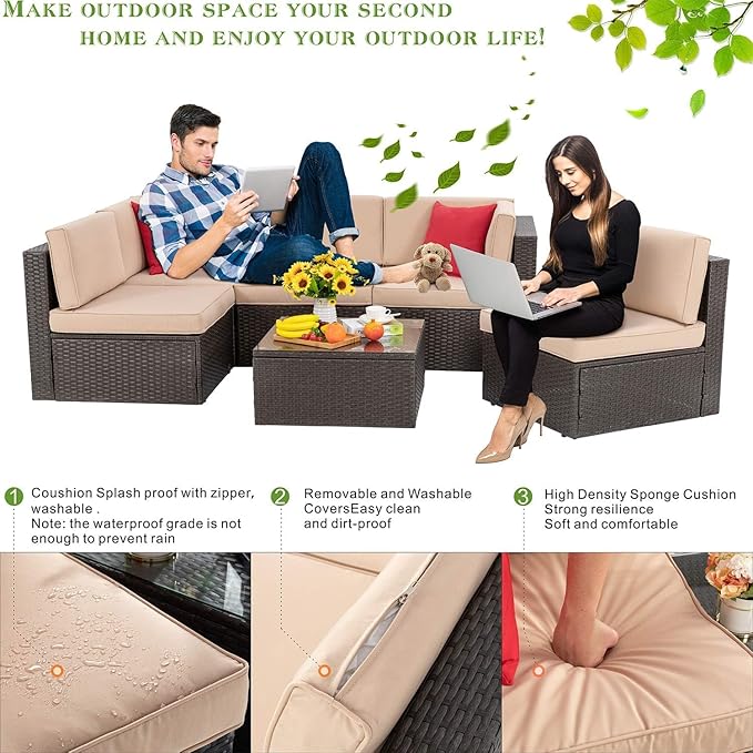 Vongrasig 7 Piece Patio Furniture Set with Gas Fire Pit Table, Outdoor Conversation Sets Wicker Rattan Sectional Sofa with Coffee Table, 43” Propane Gas Firepit Table with Lid, Beige