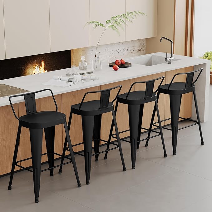 Aklaus Metal Bar Stools Set of 4 Counter Height Bar Stools for Kitchen Island Farmhouse Barstools with Removable Back 24" Indoor Outdoor Barstools, Matte Black