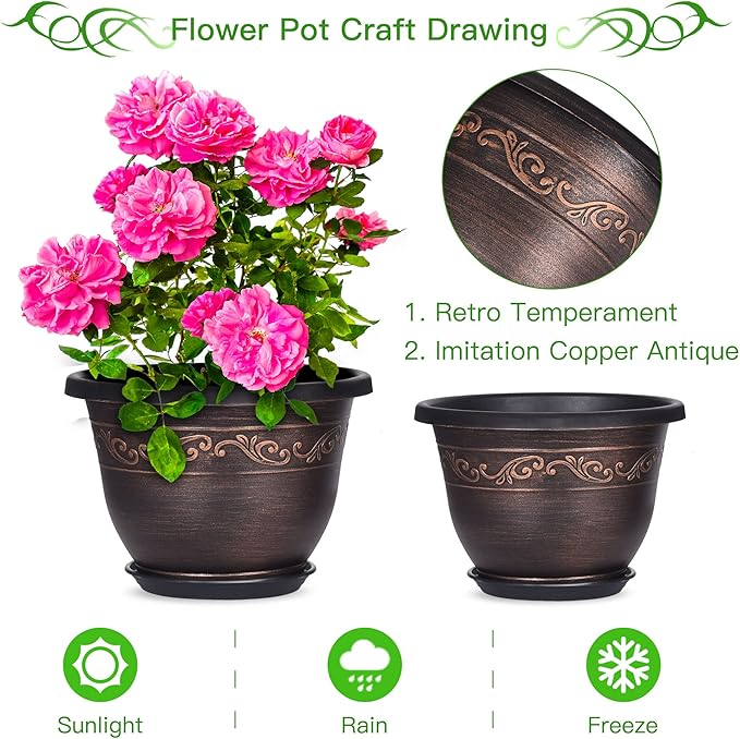 Plastic-Plant-Flower-Planters-16 Inch With Drainage Hole & Saucer, 3 Packs Lightweight Small Resin Flower Pot Indoor Outdoor, Retro Antique Imitation Decorative Garden Containers Sets For Houseplants