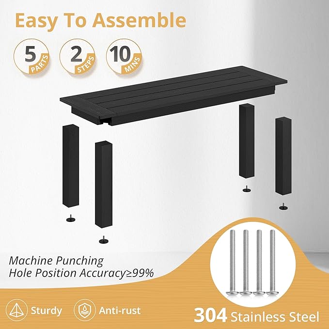 LUE BONA HDPS Outdoor Bench with Straight Legs, All-Weather 2-Person Outdoor Backless Benches, Weatherproof Heavy-Duty Garden Bench for Porch, Patio, Lawn and Backyard, Black