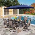 PHI VILLA Swivel Chair Patio Dining Set with 13ft Outdoor Navy Blue Umbrella, 6 Padded Textilene Armrest Dining Chair and 1 Large Metal Table, Outdoor Table Chair Dining for Patio Lawn Garden