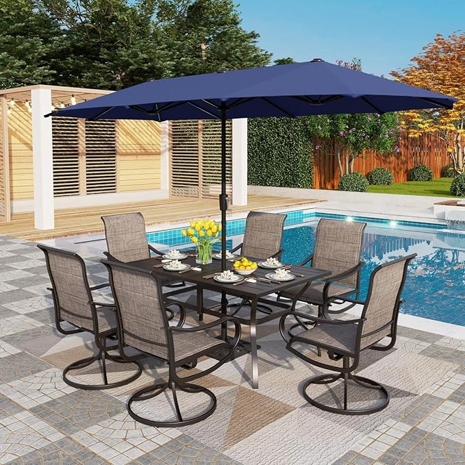 PHI VILLA Swivel Chair Patio Dining Set with 13ft Outdoor Navy Blue Umbrella, 6 Padded Textilene Armrest Dining Chair and 1 Large Metal Table, Outdoor Table Chair Dining for Patio Lawn Garden