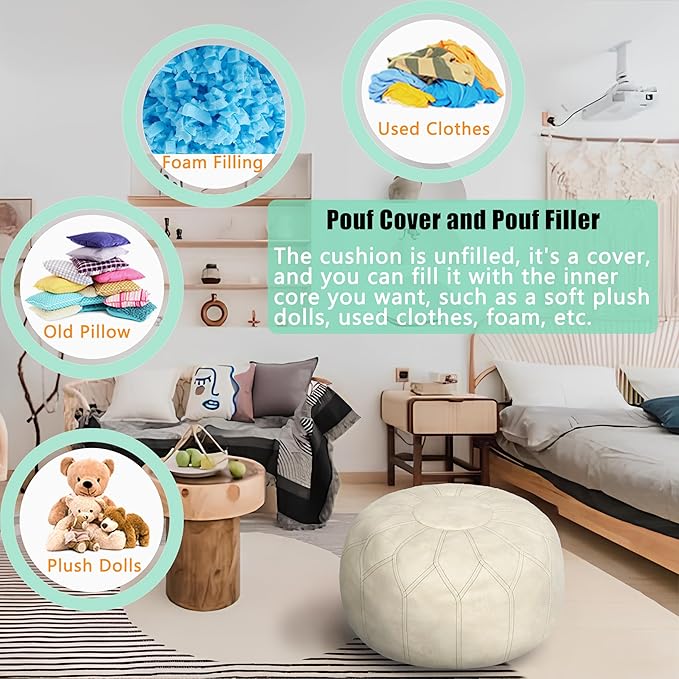 Thgonwid Unstuffed Moroccan Faux Leather Pouf Ottoman with Storage - Handmade Boho Chic Multi-Use Footrest for Living Room, Bedroom, Patio - Round Ethnic Floor Cushion & Decorative Accent, Ivory