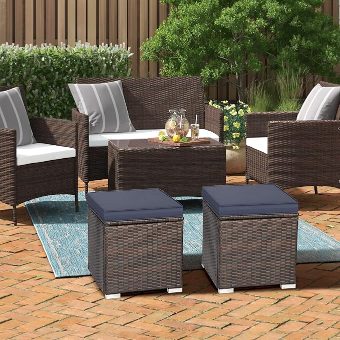 RELAX4LIFE Wicker Outdoor Storage Ottoman, 2-Piece Rattan Footstool w/Removable Cushion, Multipurpose Footrest Stool Side Table Additional Seating, Set of 2 Outdoor Ottomans for Patio Deck (Navy)
