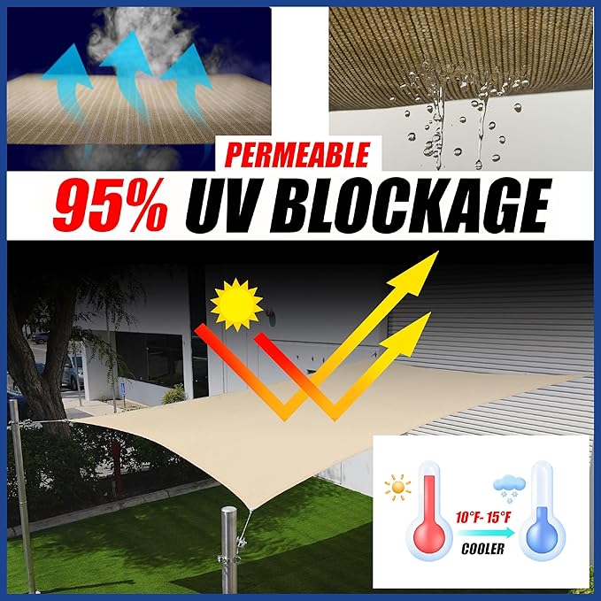 ShadeMart 8' x 8' x 8' Beige Triangle Sun Shade Sail UPF50 Canopy Fabric Cloth Screen, Water Air Permeable & UV Resistant, Heavy Duty, Carport Patio Outdoor smTAPT08 - (We Customize Size)