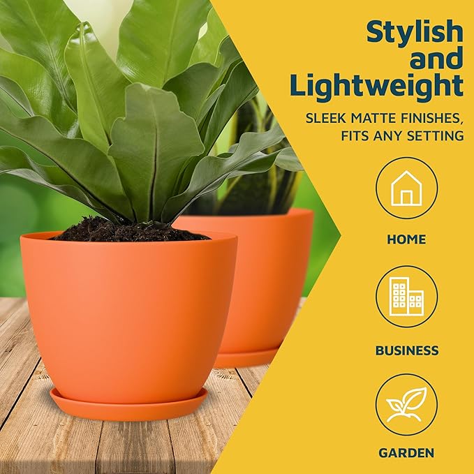 Yellow Plant Pots with Drainage Holes & Saucers 5 Pack, Indoor & Outdoor Stackable Space-Saving Planters for Houseplants & Flowers, (7", 6.7", 6", 5.3", and 4.8" Inches), Durable & Weatherproof