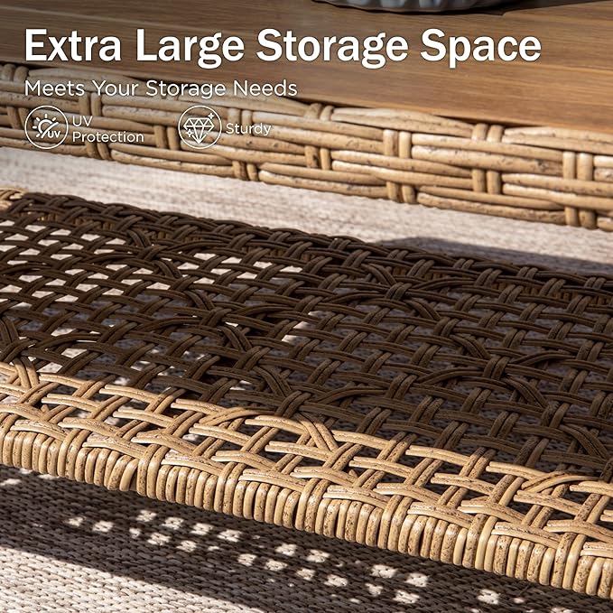 PHI VILLA Sectional Outdoor Couch, Small Patio Furniture Set with Cushions and Acacia Wood Coffee Table, L-Shaped Wicker Outdoor Sofa for Deck or Porch, 4 Seats, Navy Blue