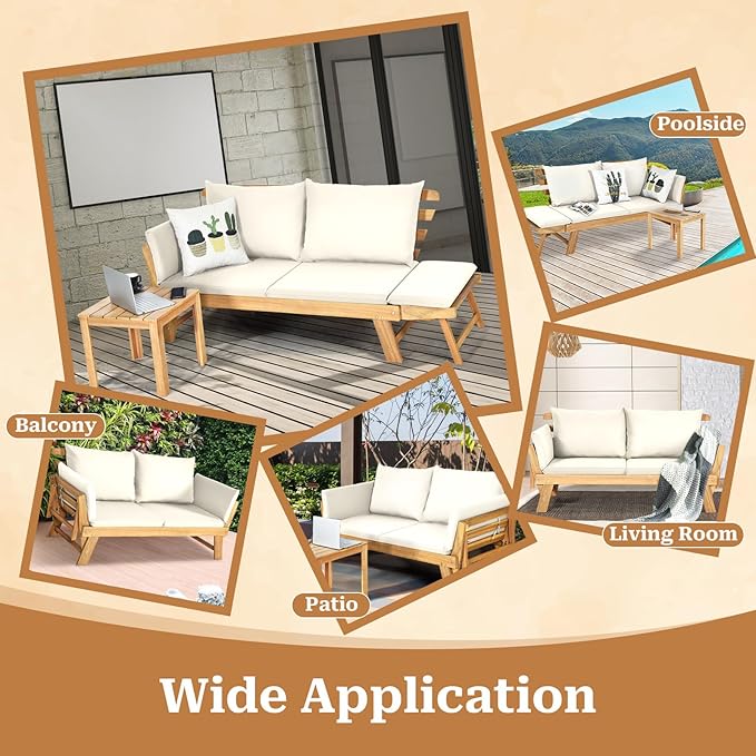 S AFSTAR Patio Convertible Couch Sofa Bed, Acacia Wood Chaise Lounger with Adjustable Armrest, Cushion & Pillows, Outdoor Daybed Loveseat Furniture for Backyard, Garden, Poolside, Porch