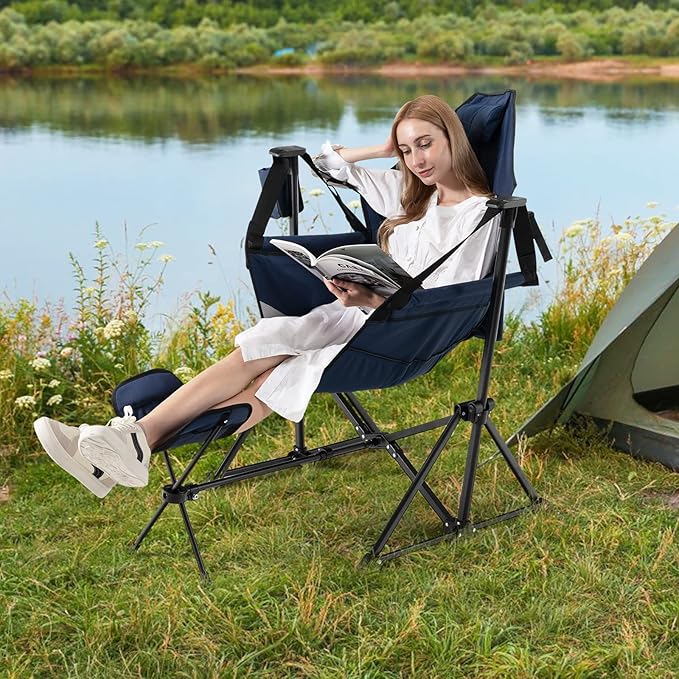 Tangkula Hammock Camping Chair, Portable Camp Chair with Retractable Footrest, Adjustable Back, Headrest, Cup Holder & Carry Bag, Outdoor Folding Lawn Chair for Camping, Fishing, Hiking